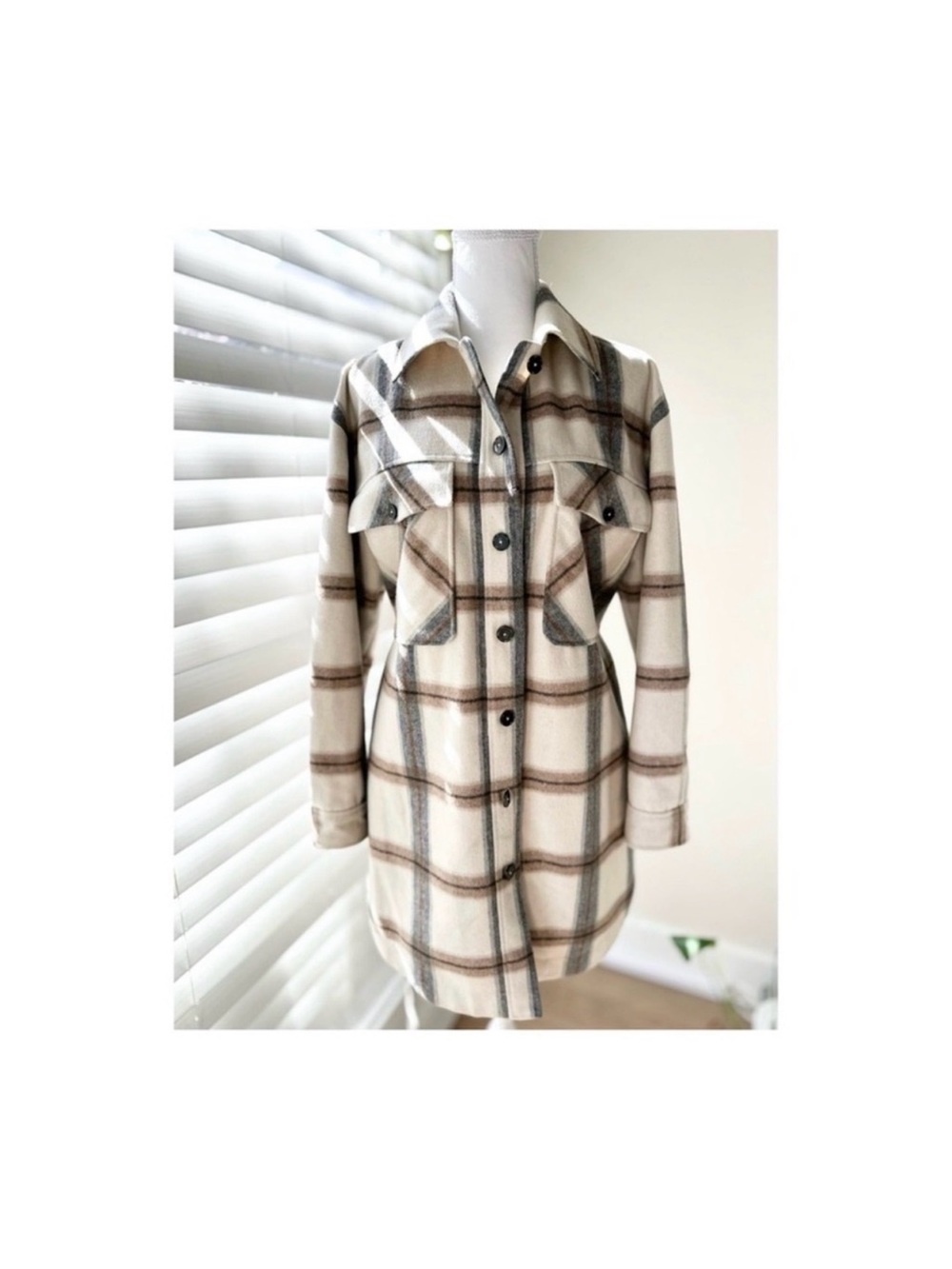 Frank And Oak Plaid Belted Shacket in Brown & Cream Size Medium